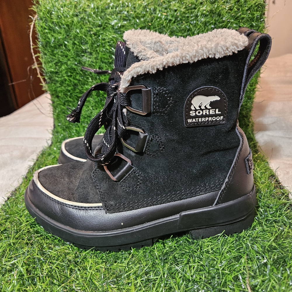 Sorel Black Suede Waterproof Winter & Rain Boots with Cream Faux Fur